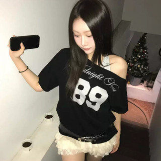 Hàn Quốc midnight move hở vai ngắn tay áo ngắn cổ áo thun nữ chéo vai hở vai ngắn th2h jiwo