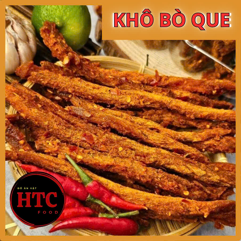 Khô bò que Hồng Ngự cao cấp nhà làm, thịt bò khô chất lượng số 1 cay dai mềm, đồ ăn vặt HTC Food