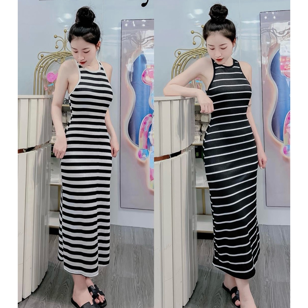 Đầm body kẻ  sát nách dáng dài xinh xắn tôn dáng