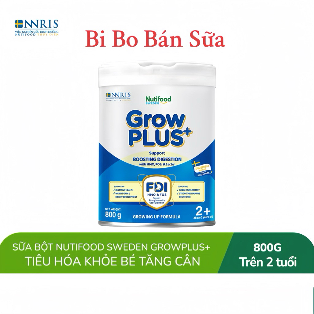Sữa Bột Nutifood Sweden GrowPLUS+ Xanh nhạt 2+ Lon 800g [Tiêu Hoá Khoẻ, Bé Tăng Cân]