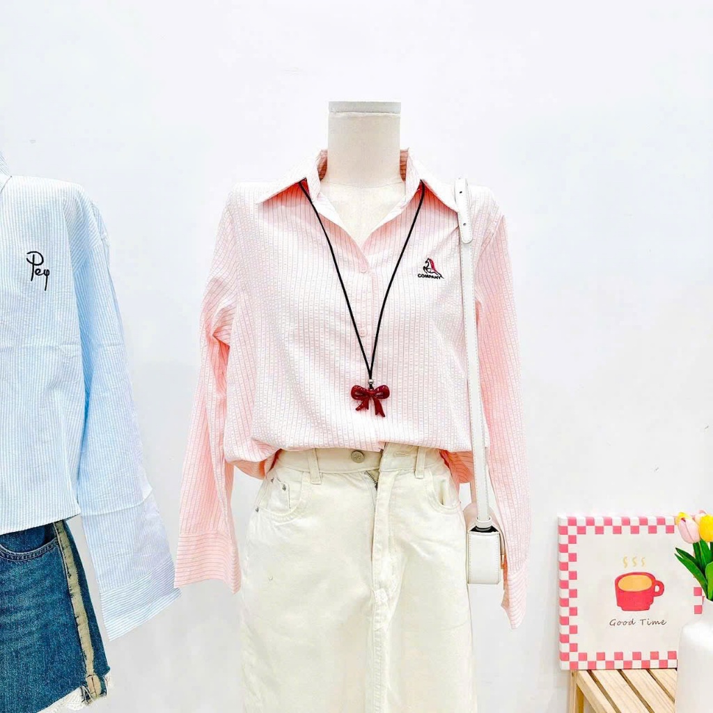 Áo Sơ Mi Nữ Kẻ Sọc Thêu The Camel, Sơ Mi Chất Cotton Đũi Mềm Mại, Thấm Hút Mồ Hôi Freesize|TiQi Clothing
