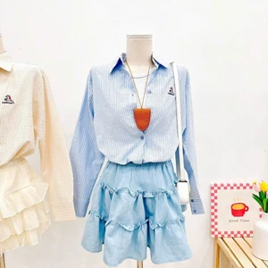 Áo Sơ Mi Nữ Kẻ Sọc Thêu The Camel, Sơ Mi Chất Cotton Đũi Mềm Mại, Thấm Hút Mồ Hôi Freesize|TiQi Clothing