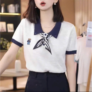 LT - Áo len mongtoghi nữ tay cộc hình gấu thêu, tặng kèm khăn cổ bẻ 1199