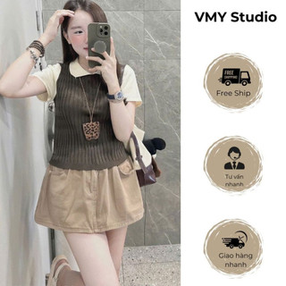 VMY Studio - Áo polo thêu ngựa cộc tay nữ, áo mông pha tay thêu công sở basic nữ