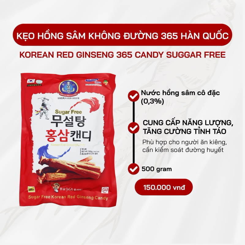 COMBO 2 Kẹo Hồng Sâm Không Đường 365 Hàn Quốc- Hỗ Trợ Tăng Đề Kháng, Giảm Say Tàu Xe, Không Gây Tăng Đường Huyết