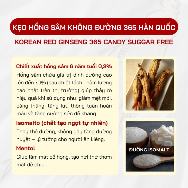 COMBO 2 Kẹo Hồng Sâm Không Đường 365 Hàn Quốc- Hỗ Trợ Tăng Đề Kháng, Giảm Say Tàu Xe, Không Gây Tăng Đường Huyết