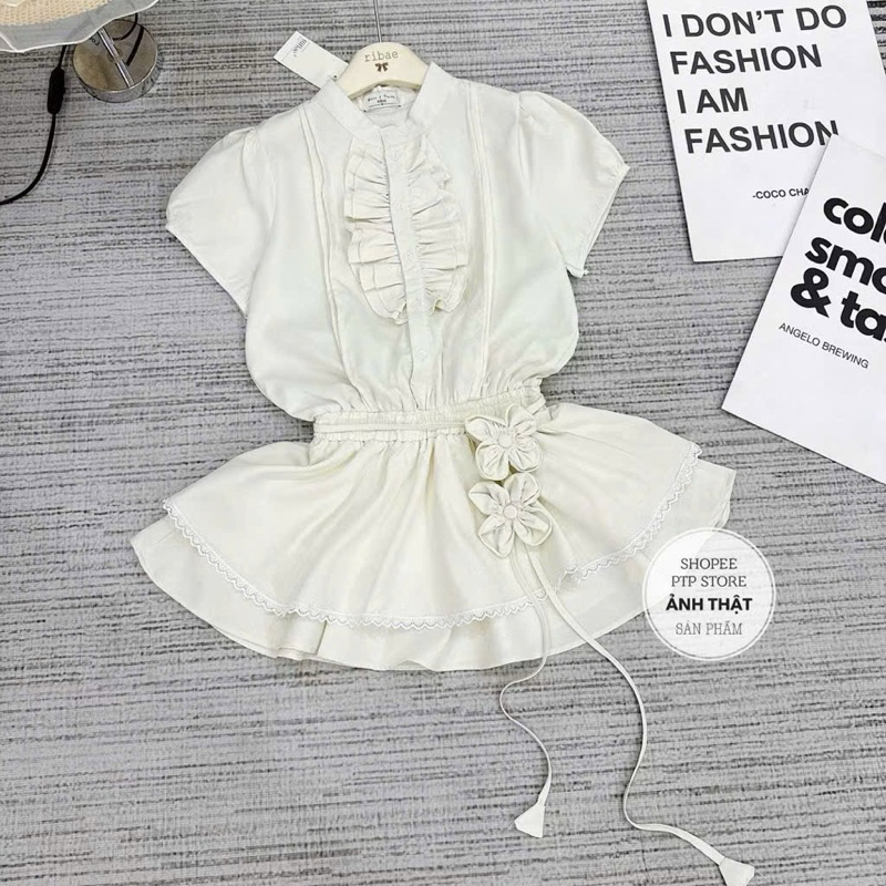 Sét bộ đồ nữ , Áo cổ tàu viền bèo chun eo dáng xoè phối dây hoa kèm quần ngắn tiểu thư LOSY.STORE