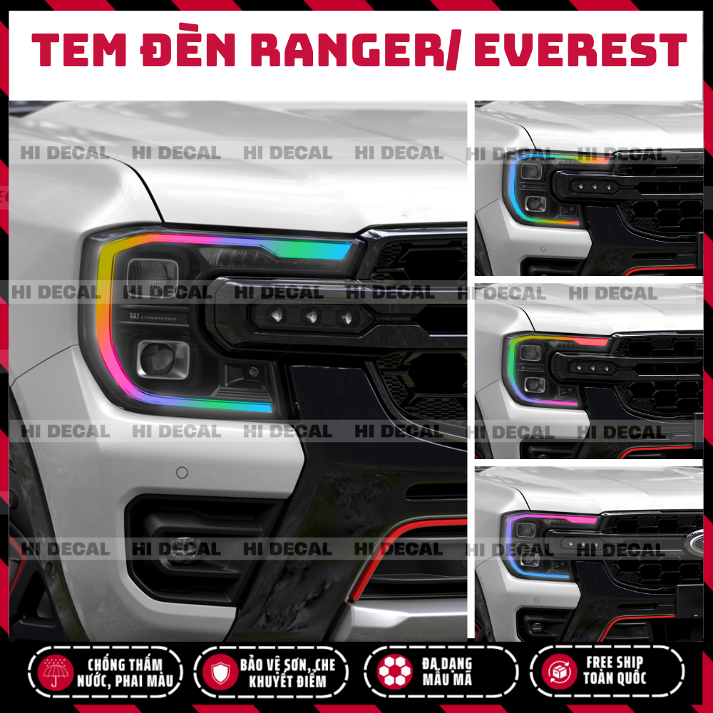 Decal dán đổi màu đèn Ford Ranger, Everest: Tem dán đèn Ranger, Everest đời mới, Tem trang trí cao cấp chống thấm nước
