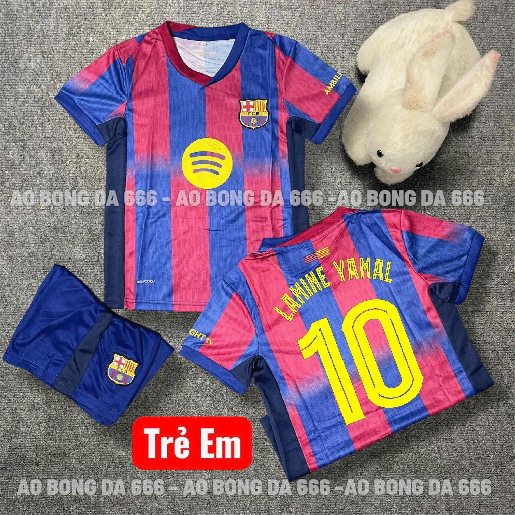 Bộ Quần Áo Bóng Đá Trẻ Em CLB Barca Sân Nhà 25/26, Áo Đá Banh Barcelona - Vải Mè Kim Cao Cấp