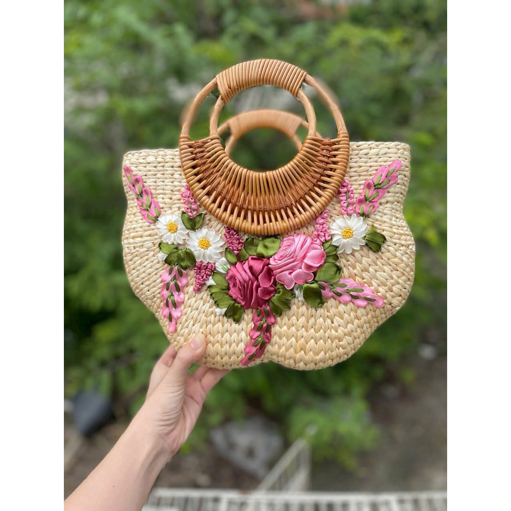 Túi cói lục bình handmade thêu hoa ruy băng hàng cao cấp