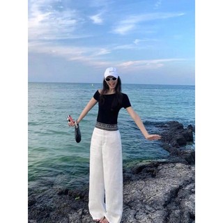 Babe - | LY LINEN | Quần Linen dáng xuông lưng bản nhỏ