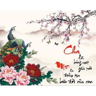 Tranh dán tường thư pháp chữ cha mẹ, tranh in trên chất liệu vải lụa (shop tặng kèm keo dán)