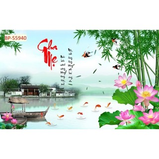 Tranh dán tường thư pháp chữ cha mẹ, tranh in trên chất liệu vải lụa (shop tặng kèm keo dán)