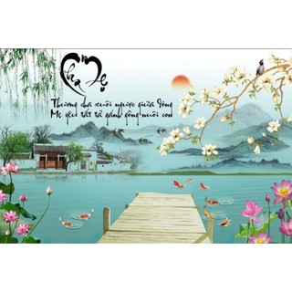 Tranh dán tường thư pháp chữ cha mẹ, tranh in trên chất liệu vải lụa (shop tặng kèm keo dán)
