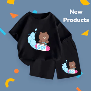 Set Đồ Thun Cotton Cho Bé – In Hình Gấu Nâu Lướt Ván Go Đáng Yêu, Mềm Mịn Dễ Chịu (M 253)