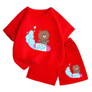 Bộ Thun Cotton Mềm Mại Cho Bé – Hình Gấu Nâu Lướt Ván Go, Dễ Mặc, Thoáng Mát Ngày Hè (M 253)