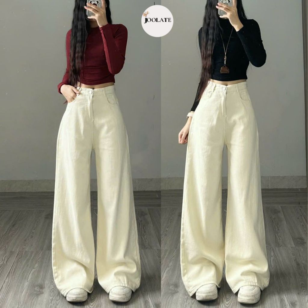 Quần jeans bò Joolate màu kem ống suông rộng phong cách Hàn Quốc