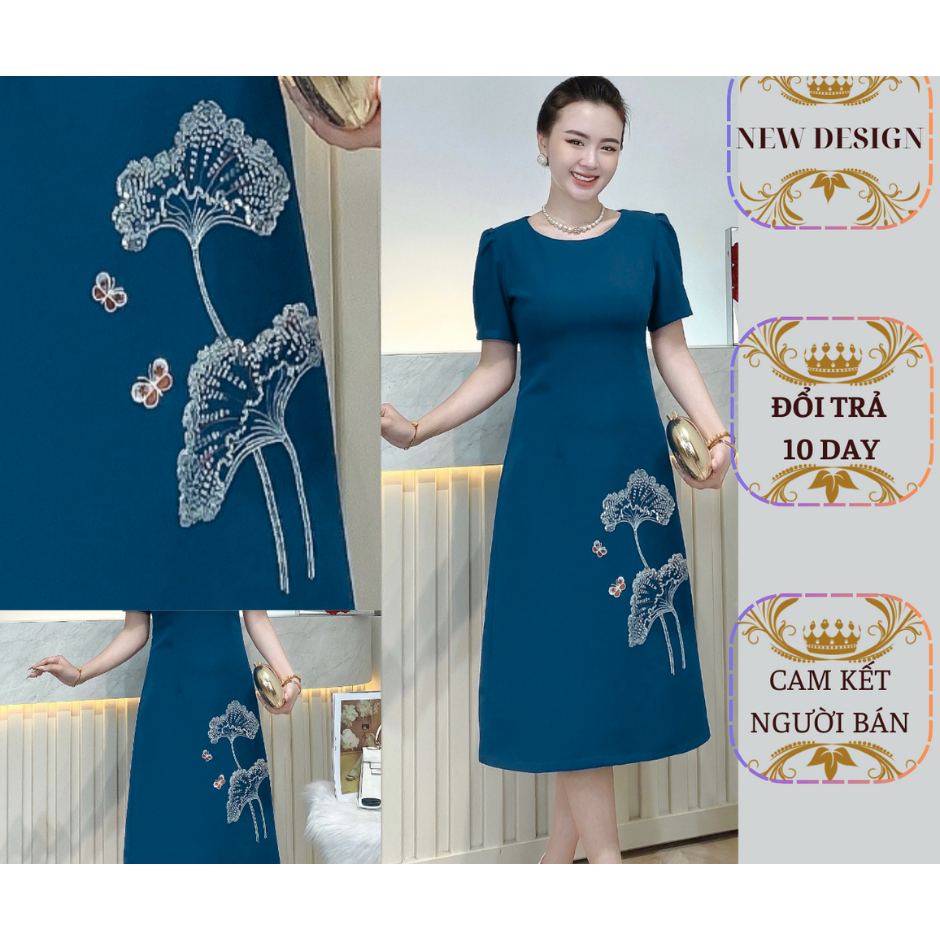 Đầm-Váy -Đi tiệc-Dự tiệc-Thiết kế thêu lá sen kim sa phale sang trọng và thanh lịch-Tặng Quà