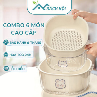 {Có Sticker} Combo Chậu, Rổ Nhựa Thoát Nước Nhà Bách Hội Cao Cấp, Bộ Rổ 6 Món Nhiều Size