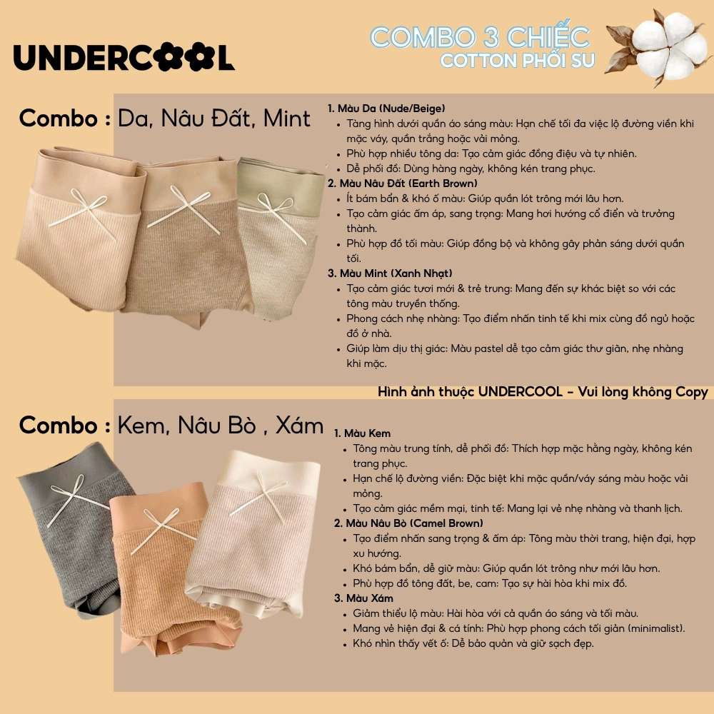 Combo 3 Quần Lót Nữ Cotton Tăm Sợi Tre UNDERCOOL Siêu Mỏng Viền Su Thoải Mái, Đáy Kháng Khuẩn An Toàn CB-QL66