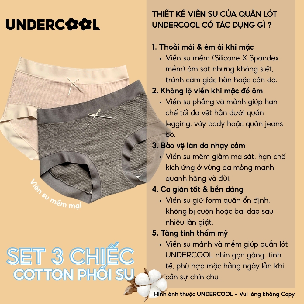 Combo 3 Quần Lót Nữ Cotton Tăm Sợi Tre UNDERCOOL Siêu Mỏng Viền Su Thoải Mái, Đáy Kháng Khuẩn An Toàn CB-QL66