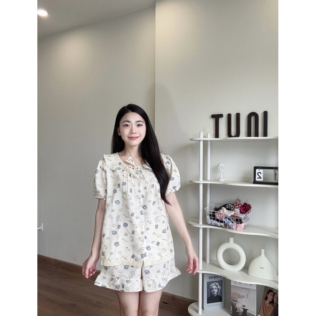 Bộ Ngủ Nữ Tiểu Thư Cổ Sen Vải Đũi Vân In Hoạ Tiết Mùa Hè Women Quần Ngủ Áo Ngủ Tuni.studio CSR01