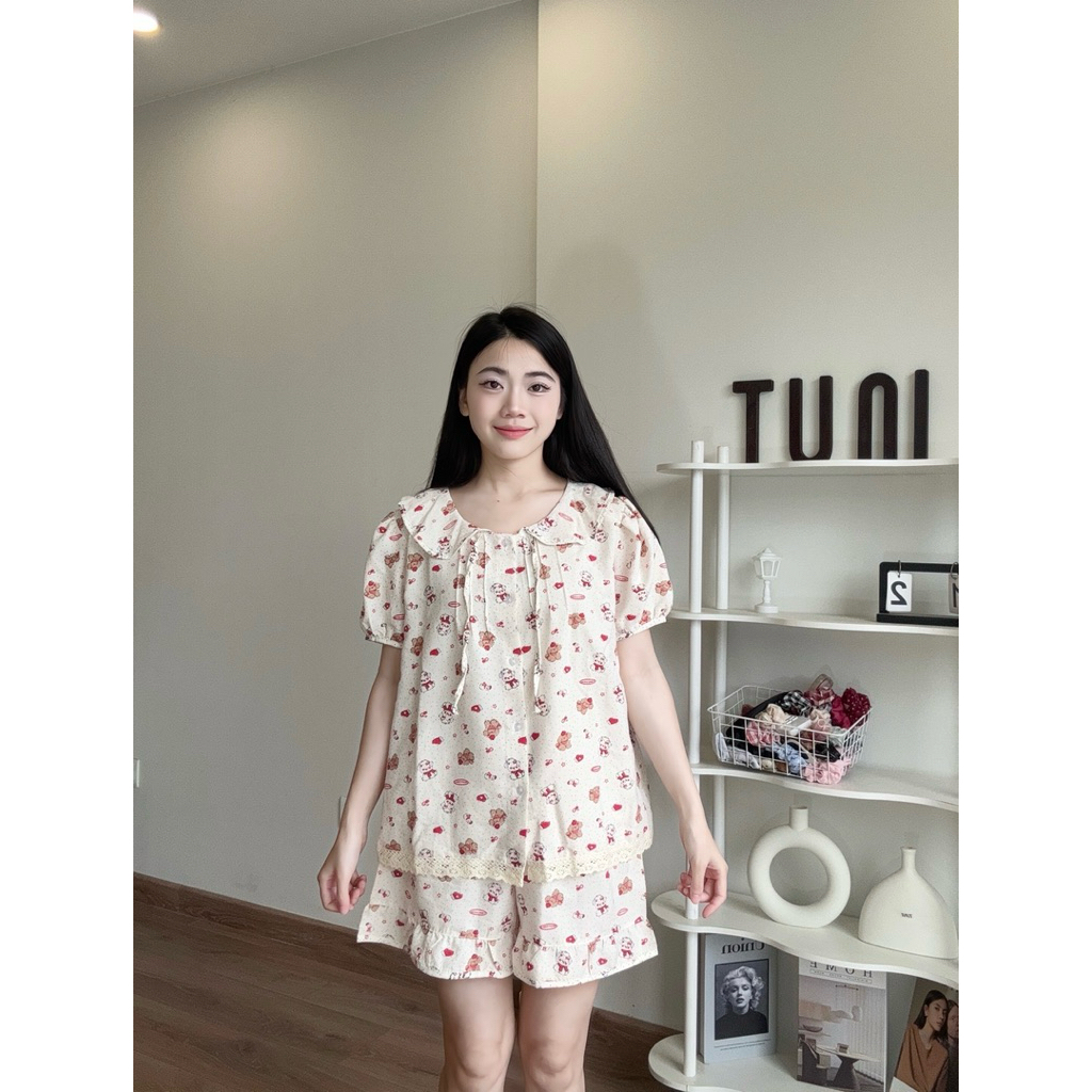 Bộ Ngủ Nữ Tiểu Thư Cổ Sen Vải Đũi Vân In Hoạ Tiết Mùa Hè Women Quần Ngủ Áo Ngủ Tuni.studio CSR01