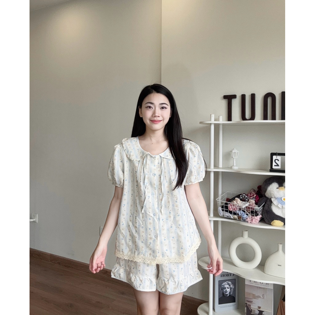 Bộ Ngủ Nữ Tiểu Thư Cổ Sen Vải Đũi Vân In Hoạ Tiết Mùa Hè Women Quần Ngủ Áo Ngủ Tuni.studio CSR01