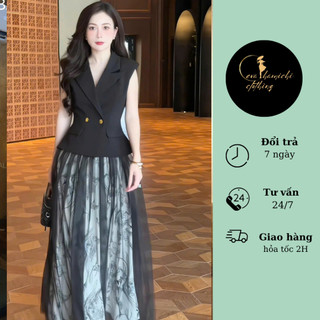 Set thiết kế áo cổ vest không tay khuy đồng 2 nắp túi mix chân váy lưới 3 lớp dáng dài Eva hamichi