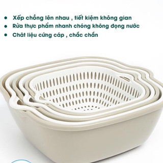 Rổ Nhựa Kèm Chậu Cao Cấp Bộ Rổ Đựng Rau Rổ 6 Món Rổ 2 Lớp Vuông Hokori