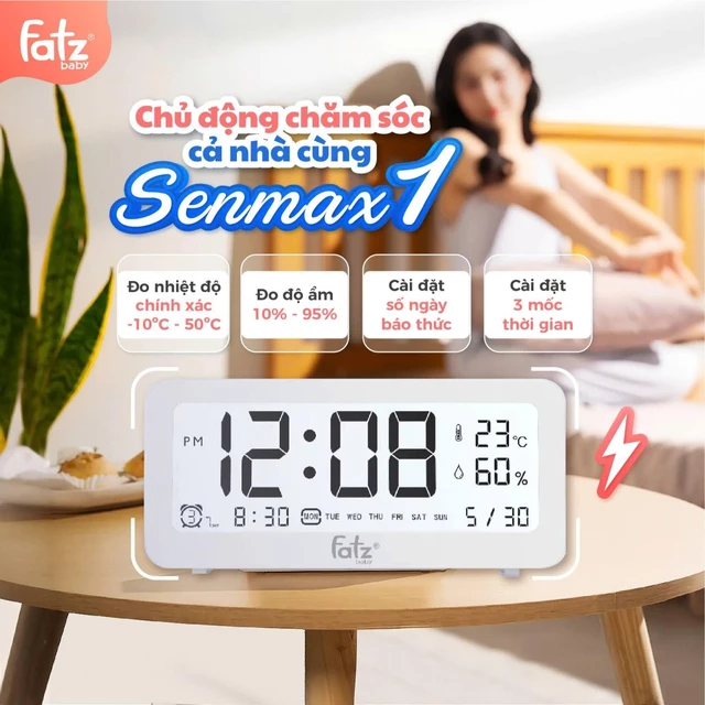 Nhiệt ẩm kế điện tử đa năng Fatz Baby - Senmax 1( nhiệt kế, nhiệt ẩm kế ,đồng hồ báo thức cho bé, lịch vạn liên )