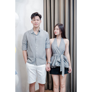 ( S - 70 ) Set đồ đôi nam nữ couple áo nữ sọc cổ yếm cột nơ eo và áo sơmi nam sọc , đồ đôi mặc đi chơi với người yêu,