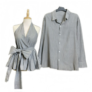 ( S - 70 ) Set đồ đôi nam nữ couple áo nữ sọc cổ yếm cột nơ eo và áo sơmi nam sọc , đồ đôi mặc đi chơi với người yêu,