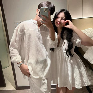 Set đồ đôi nam nữ couple váy babydoll cổ V và áo sơmi nam cổ tàu , đồ đôi mặc cùng người yêu
