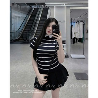 Áo Len Ngắn Tay Miumiu Kẻ Ngang Cổ Tròn Basic QCCC Cao Cấp