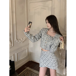 Set áo khoác dạ tweet cổ vuông tua rua form croptop kết hợp chân váy chữ A dáng ngắn phong cách tiểu thư