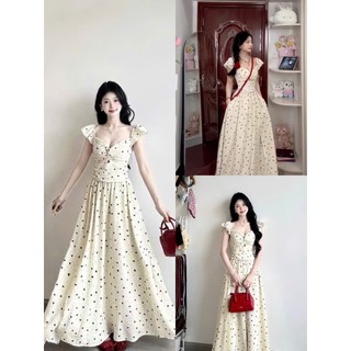 Đầm thời trang nữ style ngọt ngào chất Mango Lụa áo tay búp cổ vuông xẻ in chấm bi váy maxi dáng xoè bồng bềnh