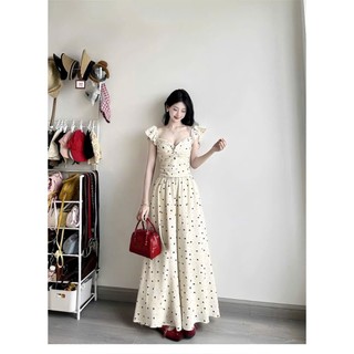 Đầm thời trang nữ style ngọt ngào chất Mango Lụa áo tay búp cổ vuông xẻ in chấm bi váy maxi dáng xoè bồng bềnh