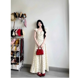 Đầm thời trang nữ style ngọt ngào chất Mango Lụa áo tay búp cổ vuông xẻ in chấm bi váy maxi dáng xoè bồng bềnh