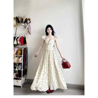 Đầm thời trang nữ style ngọt ngào chất Mango Lụa áo tay búp cổ vuông xẻ in chấm bi váy maxi dáng xoè bồng bềnh