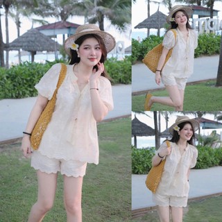 Set bộ thời trang nữ style mát mẻ chất Xô thêu áo tay ngắn cổ tròn có nút gài mix quần ngắn thiết kế viền răn cưa