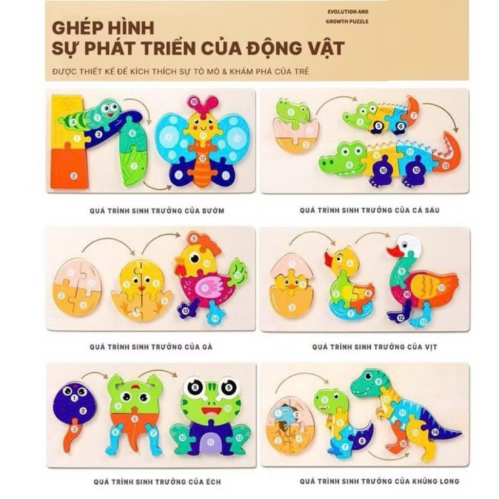 Bộ Tranh Ghép Hình 3D Gỗ Nổi Vòng Đời Động Vật Đồ Chơi Xếp Hình Gỗ Nối Số Thông Minh Giúp Bé Phát Triển Tư Duy