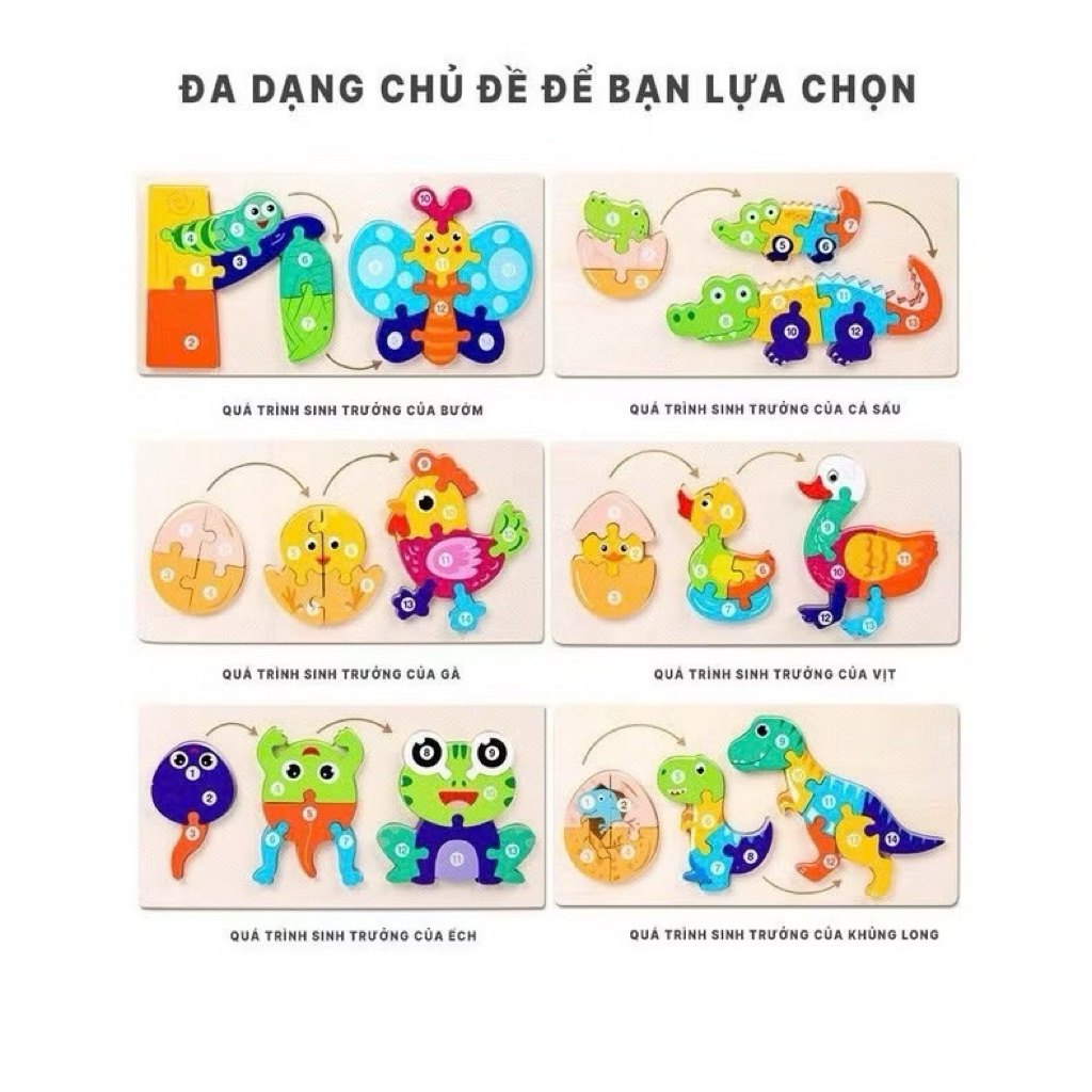 Bộ Tranh Ghép Hình 3D Gỗ Nổi Vòng Đời Động Vật Đồ Chơi Xếp Hình Gỗ Nối Số Thông Minh Giúp Bé Phát Triển Tư Duy