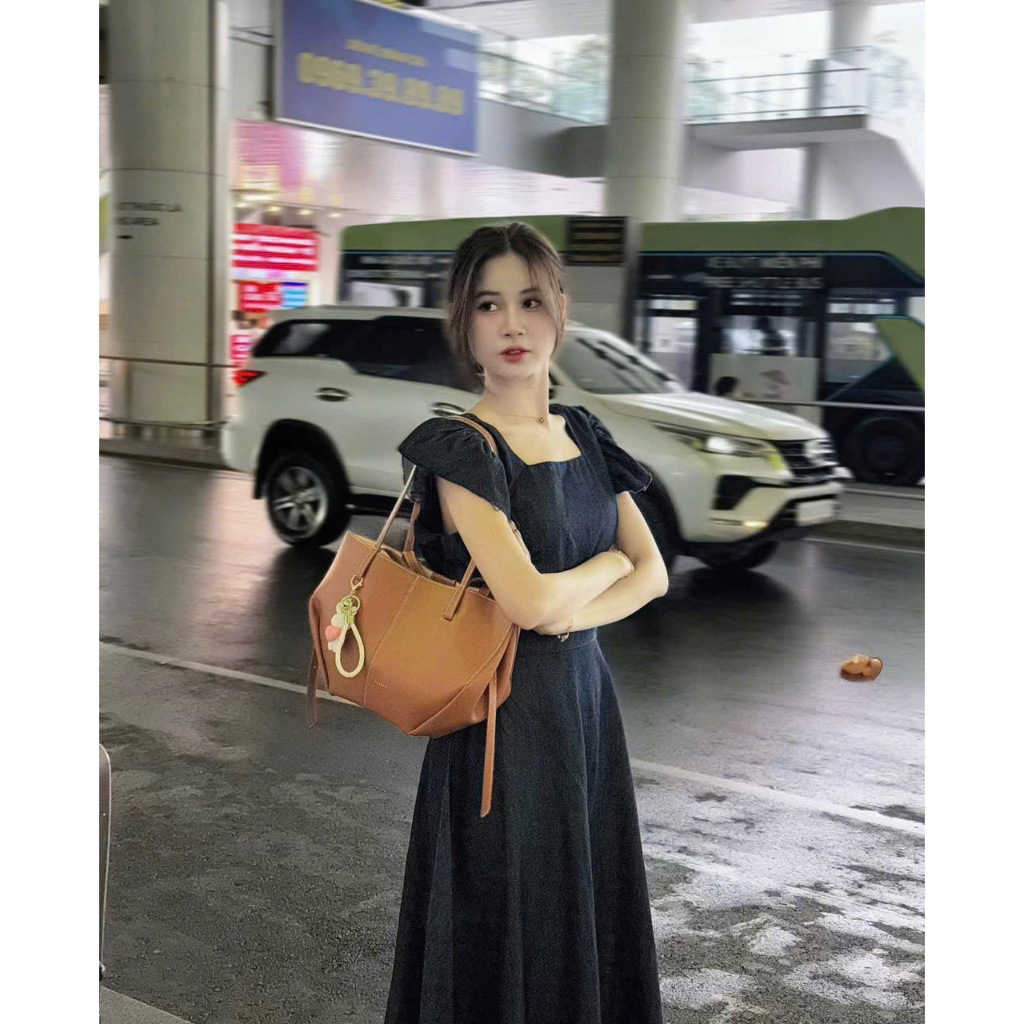 Đầm nữ  dáng dài nhẹ nhàng tay hết bồng chiết eo phối chân váy jean xếp ly