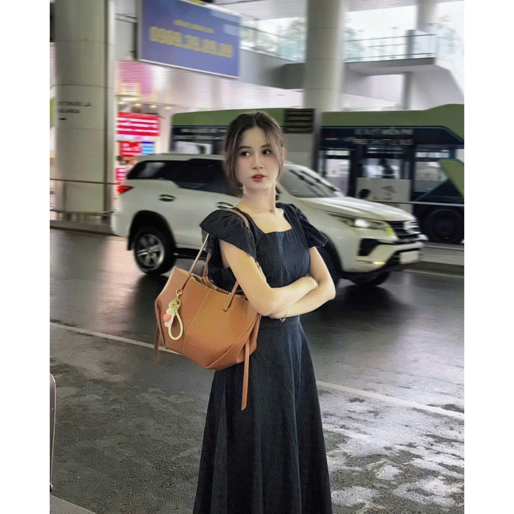 Đầm nữ  dáng dài nhẹ nhàng tay hết bồng chiết eo phối chân váy jean xếp ly