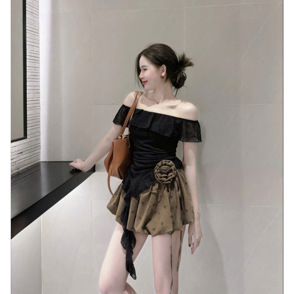 Bộ nữ bèo áo bozip trễ vai chiết eo bèo dây phối chân váy bí đính dây hoa trẻ trung, nữ tính