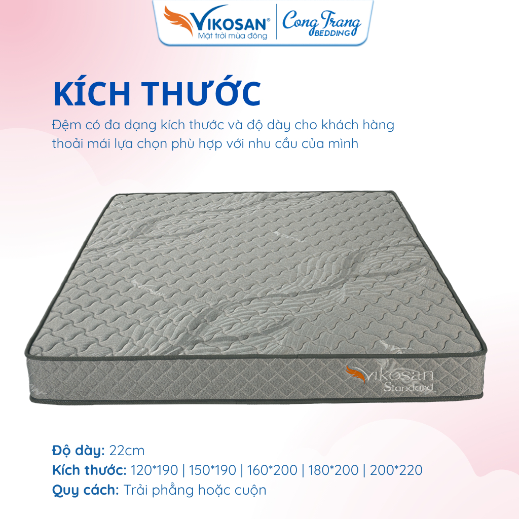 Đệm Lò Xo Standard Vikosan Dày 22cm, Nệm Lò Xo Siêu Êm Ái - BH 5 Năm