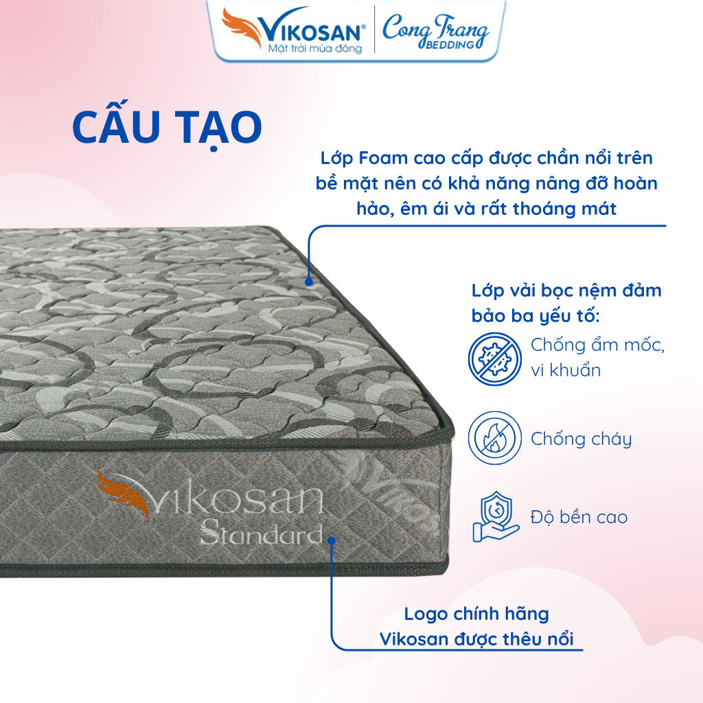 Đệm Lò Xo Standard Vikosan Dày 22cm, Nệm Lò Xo Siêu Êm Ái - BH 5 Năm