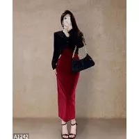 Đầm nhung dây buộc cổ 2 màu đỏ - đen A1242