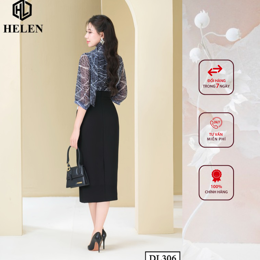Đầm công sở HELEN thiết kế dáng ôm Voan đen họa tiết trắng chữ phối chân đen DL306